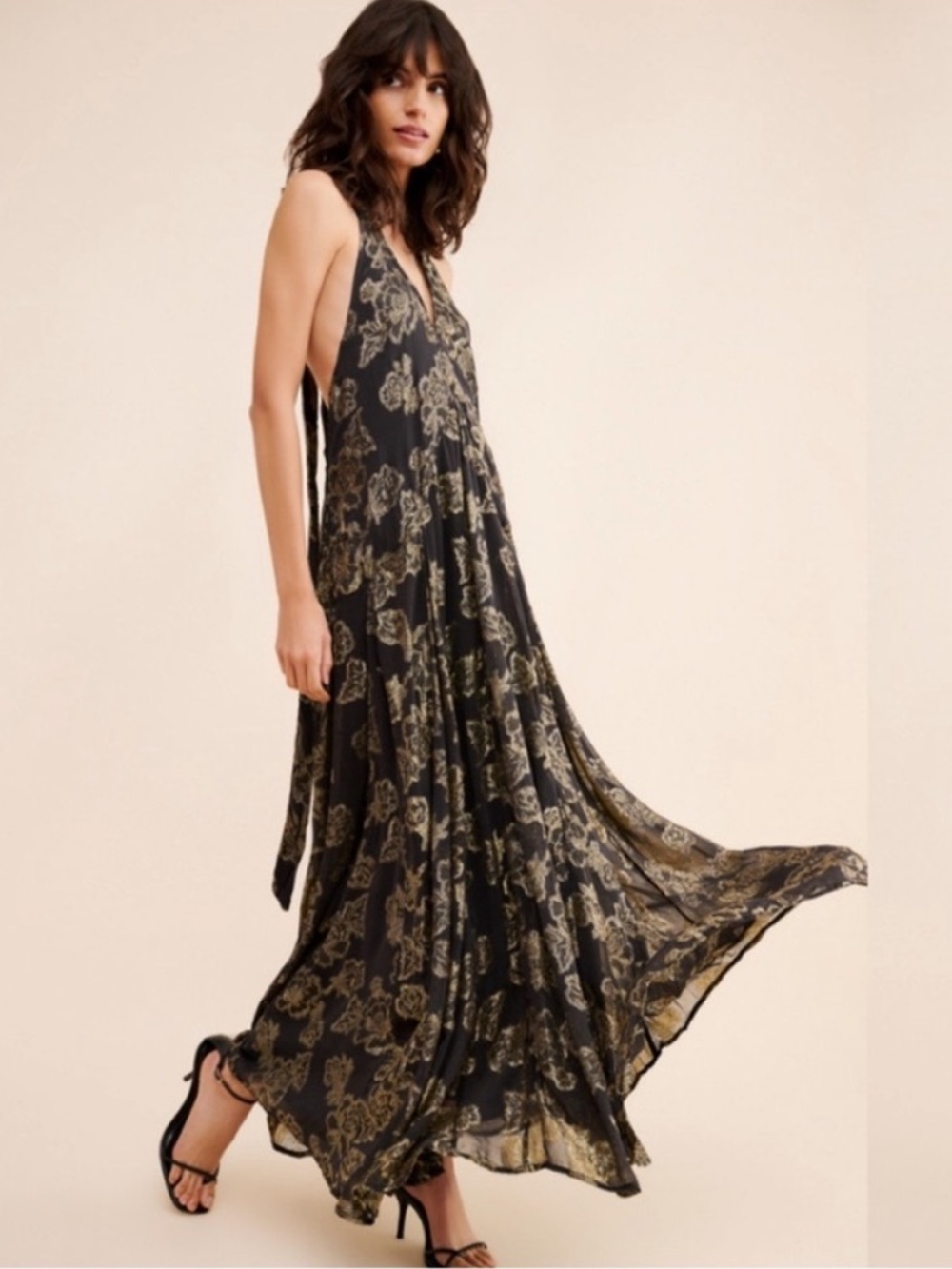 FREE PEOPLE Metallic Holding On Convertible Black Gold Floral Backless Dress M - Picture 14 of 14